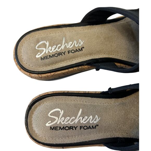 Skechers Platform Sandals Women's Memory Foam Black Wedge Cork Cloth Size 7 - Picture 2 of 8